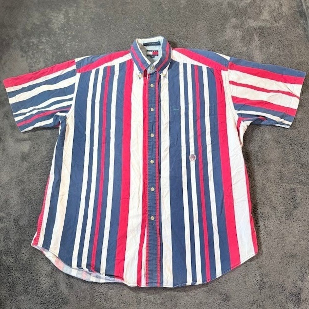 Vintage Tommy Hilfiger Mens Medium Striped Short Sleeve Button Down Shirt Red